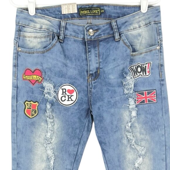 Rebel Love Women Distressed Patch Mid Wash Blue Skinny Stretch Jean Sz 13/14 NWT - Picture 3 of 14